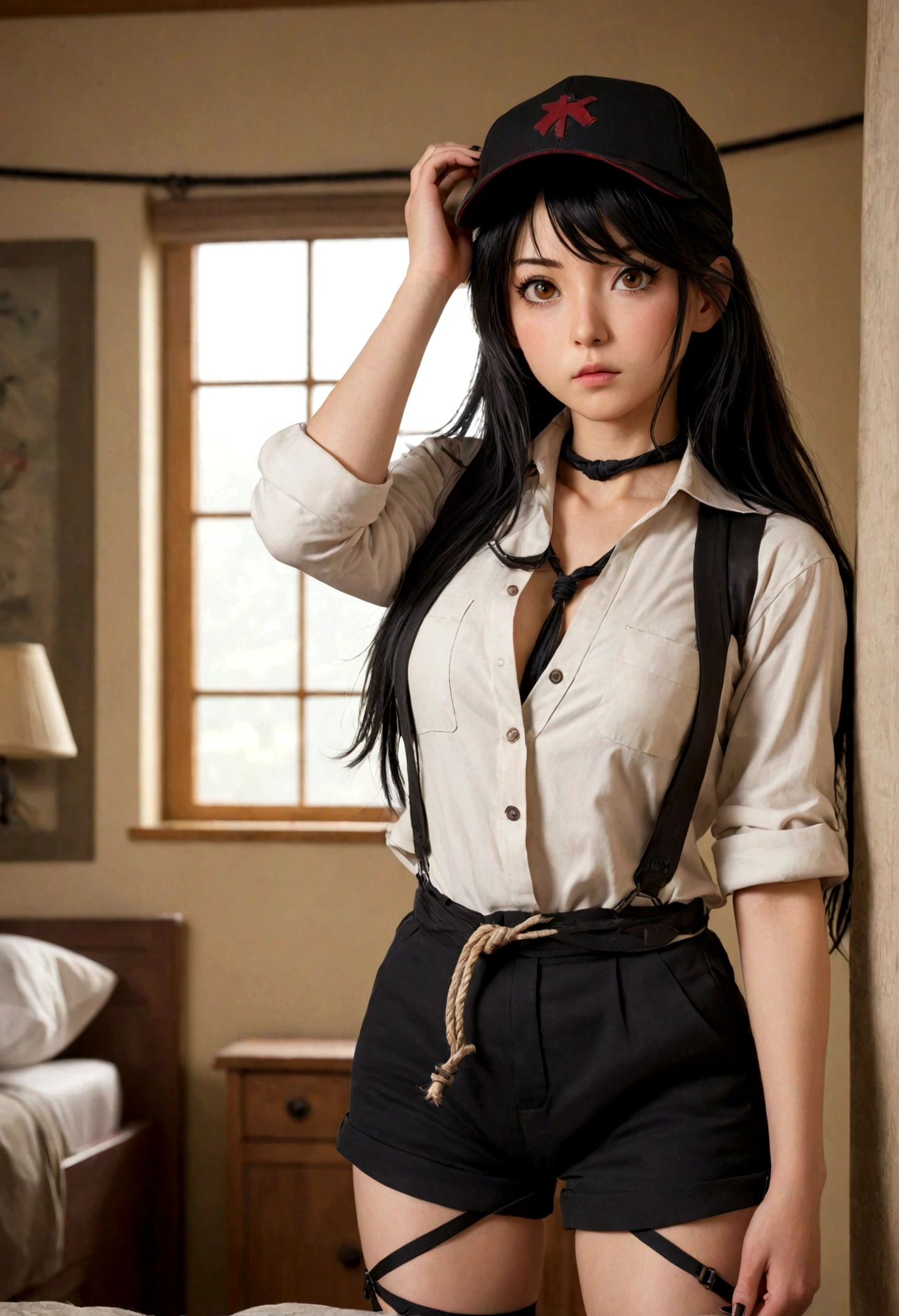 absurdres, 8k, 4k, masterpiece, hyper extreme detailed:1. 2), solo, 1girl, front view, perfect face, 1girl, portrait, expressive eyes, looking at viewer, solo, brown eyes, standing, mature woman, pale, long black hair, casual clothes, adult, looking forward, front view, confident, cautious, rational, wind, swept fringes, mature body, tomboy, adult, black nails, black shorts, jacket, baseball cap, shoulder strap, braces, ayuzawa_misaki. Housekeeper, adult, medium bust, long hair, long black hair, graphic t-shirt, half body, cowboy photo, bedroom background, bondage, tied up, restrained, shibari, gagged,