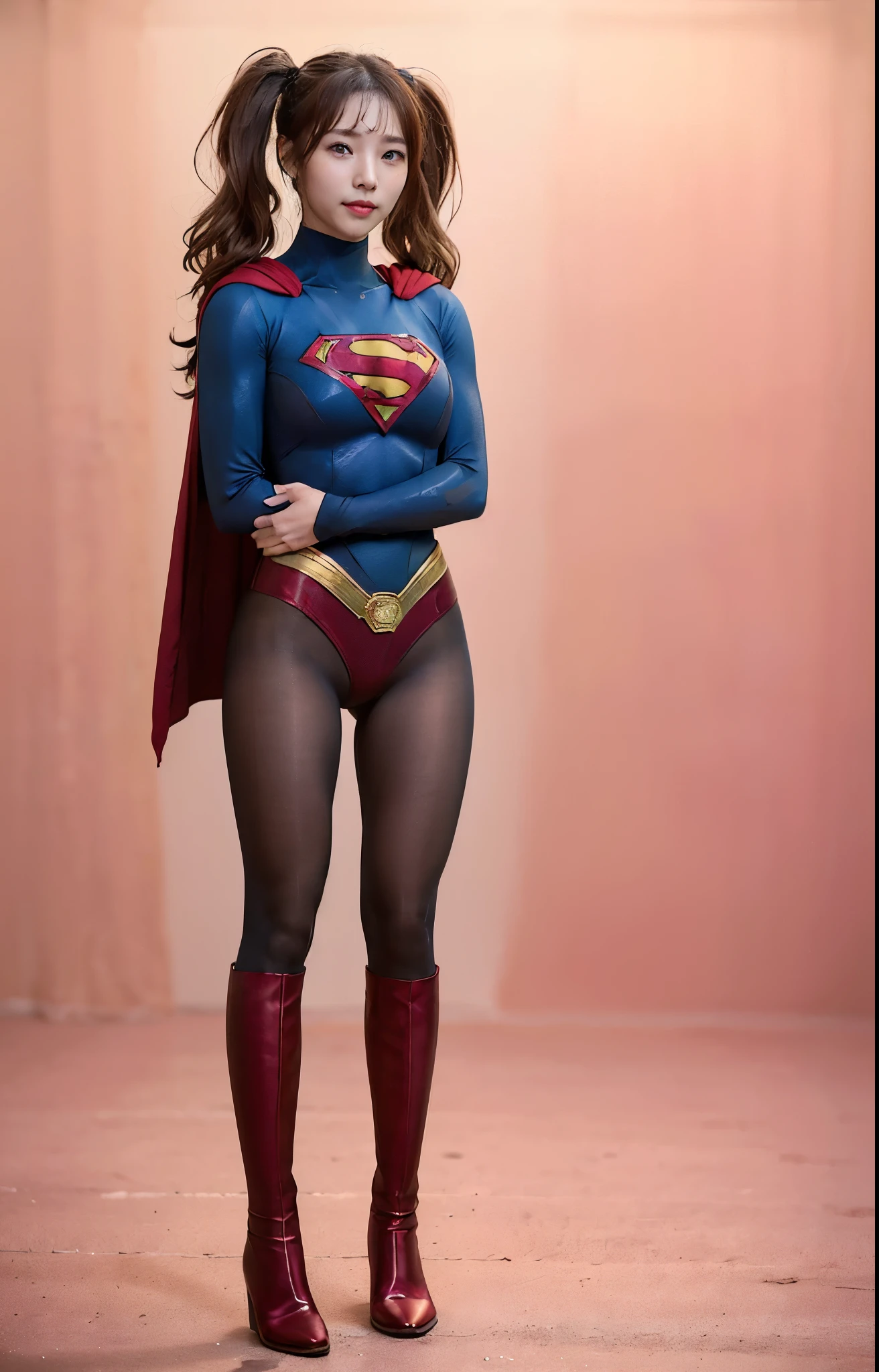 No background、(((Beautiful legs in black tights.)))、(((Legally express the beauty of your smile)))、((((Make the most of your original images)))、(((Body-hugging Supergirl costume)))、(((Supergirl Costume)))、(((Beautiful hair with twin tails)))、(((suffering)))、(((Please wear black tights....、Wear red boots)))、((Best image quality、8k))、((highest quality、8k、masterpiece:1.3))、(((Preserve background )))、Sharp focus:1.2、Beautiful woman with perfect figure:1.4、Slim Abs:1.2、Wet body:1.5、Highly detailed face and skin texture、8k