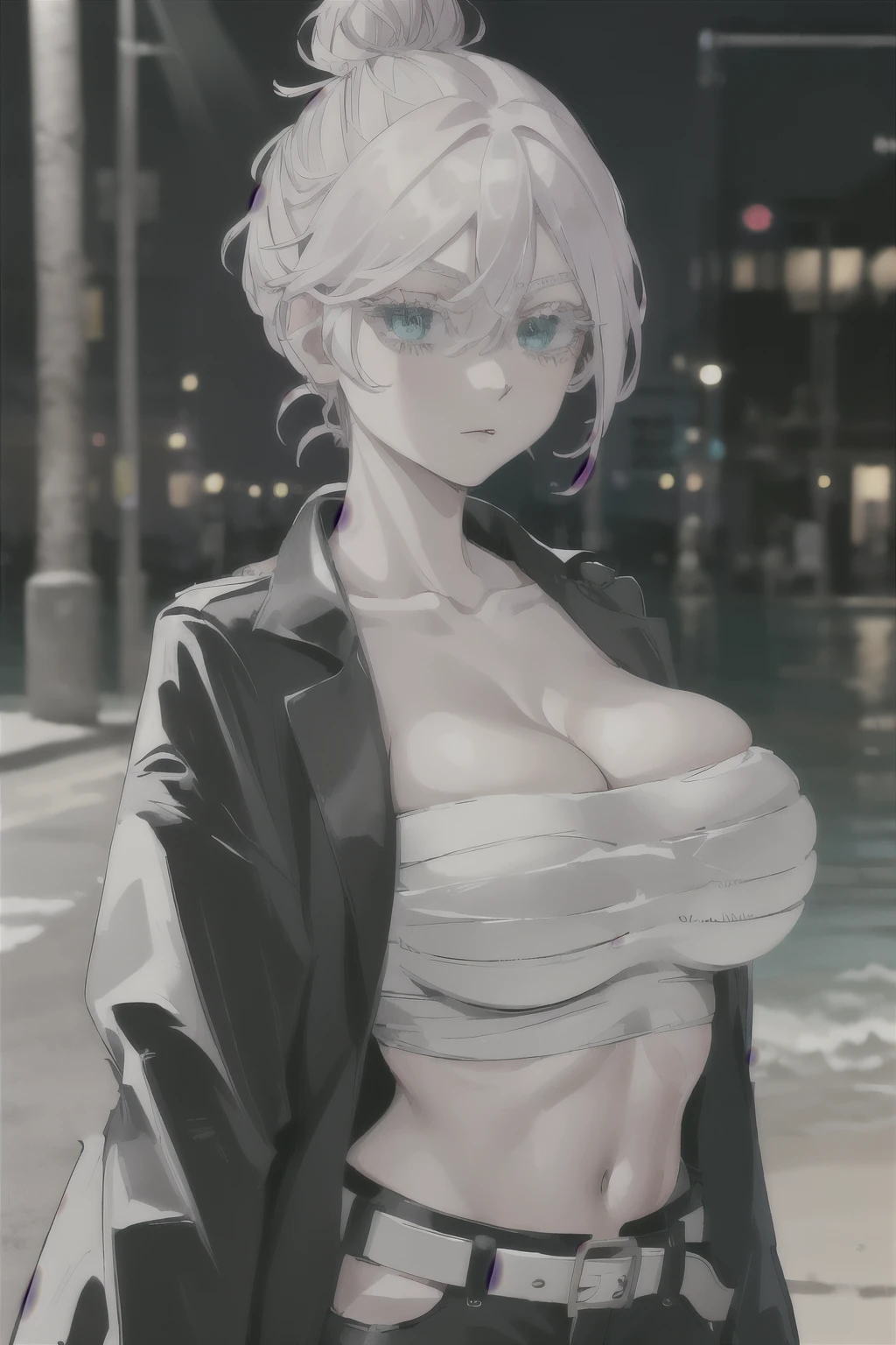 masterpiece, best quality, highres, 1girl, solo, short hair, white hair, hair bun, hair between eyes, colored eyelashes, aqua eyes, cleavage, sarashi, (big breasts: 1.8), bandages, black jacket, open clothes, long sleeves, midriff, belt, black pants, standing, cowboy shot, outdoors, (beach: 1.2), night