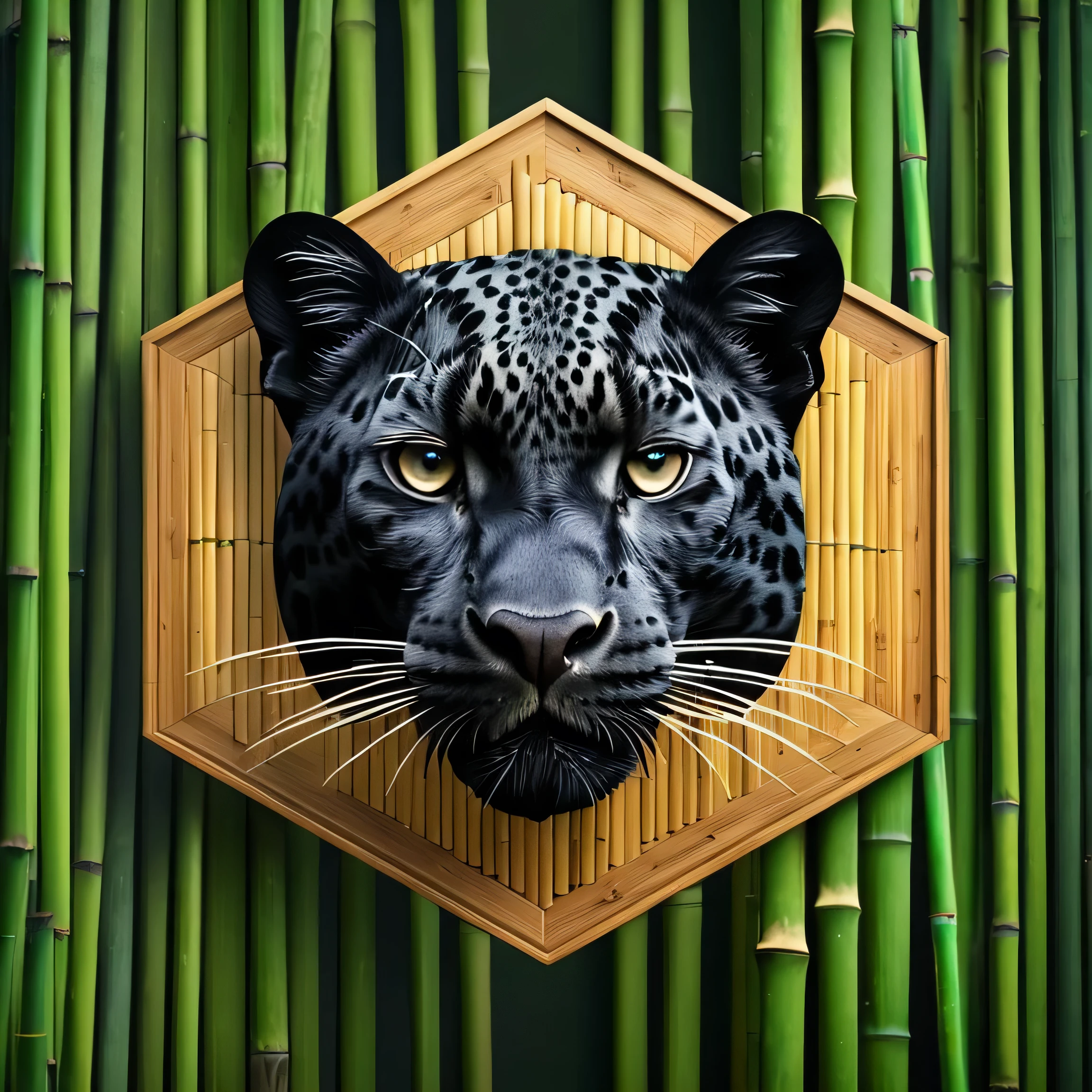 Modern logo, Centered, isometric, animal, black leopard animal, bamboo background, brazilian black ounce animal, ultra quality, 8K, very detailed