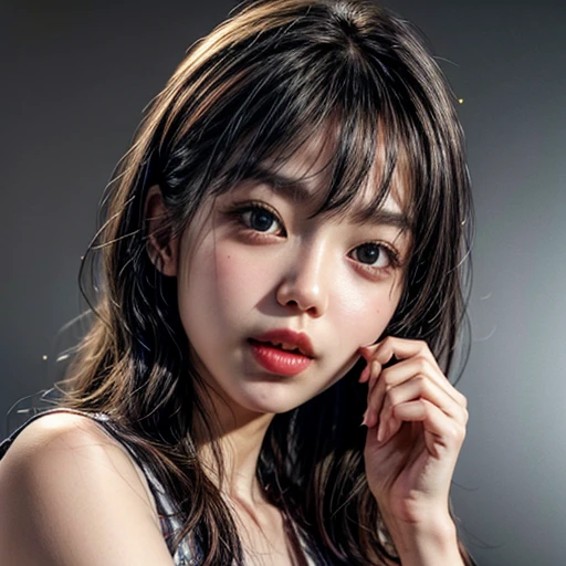 (highest quality,Super detailed,Physically Based Rendering:1.2), (RAW, Realistic, Photorealistic:1.37), (Acutance:0.85),Portraiture,Beautiful young woman with Delicate facial features,Soft lighting, ((Playfully licking finger with tongue, Gently placing a finger in the mouth)), (Close-up shot of sensual lips),Cheeks turn slightly red,A gentle and captivating gaze, cute BabyLike finger . Studio gray background, Light Particles, many blurred colorful Lights (dazzling bokeH) . BREAK . (((NOGIZAKA face variations))) Extremely Detailed very KAWAII face variations, elaborate detailed Eyes with (sparkling highlights:1.2), (Voluminous long eyelashes:0.9)、Glossy RED Lips with beautiful details, Coquettish tongue, Rosy cheeks, Radiant PearlSkin with clear transparency, (Natural:0.7) Detailed FlawlessSkin with glowing DowneyHair . { (Dynamic LifeLike expressions) | :d) }, (large eyes:-1) . mouth_hold