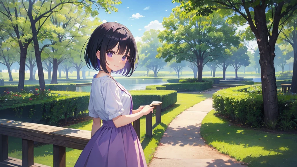 Masterpiece、Beautiful light、landscape、pastel colour、A park with beautiful nature、smile、one person、pretty girl、Black Hair、Bob Hair、Droopy eyes、Purple Eyes、Happy atmosphere、dream-like