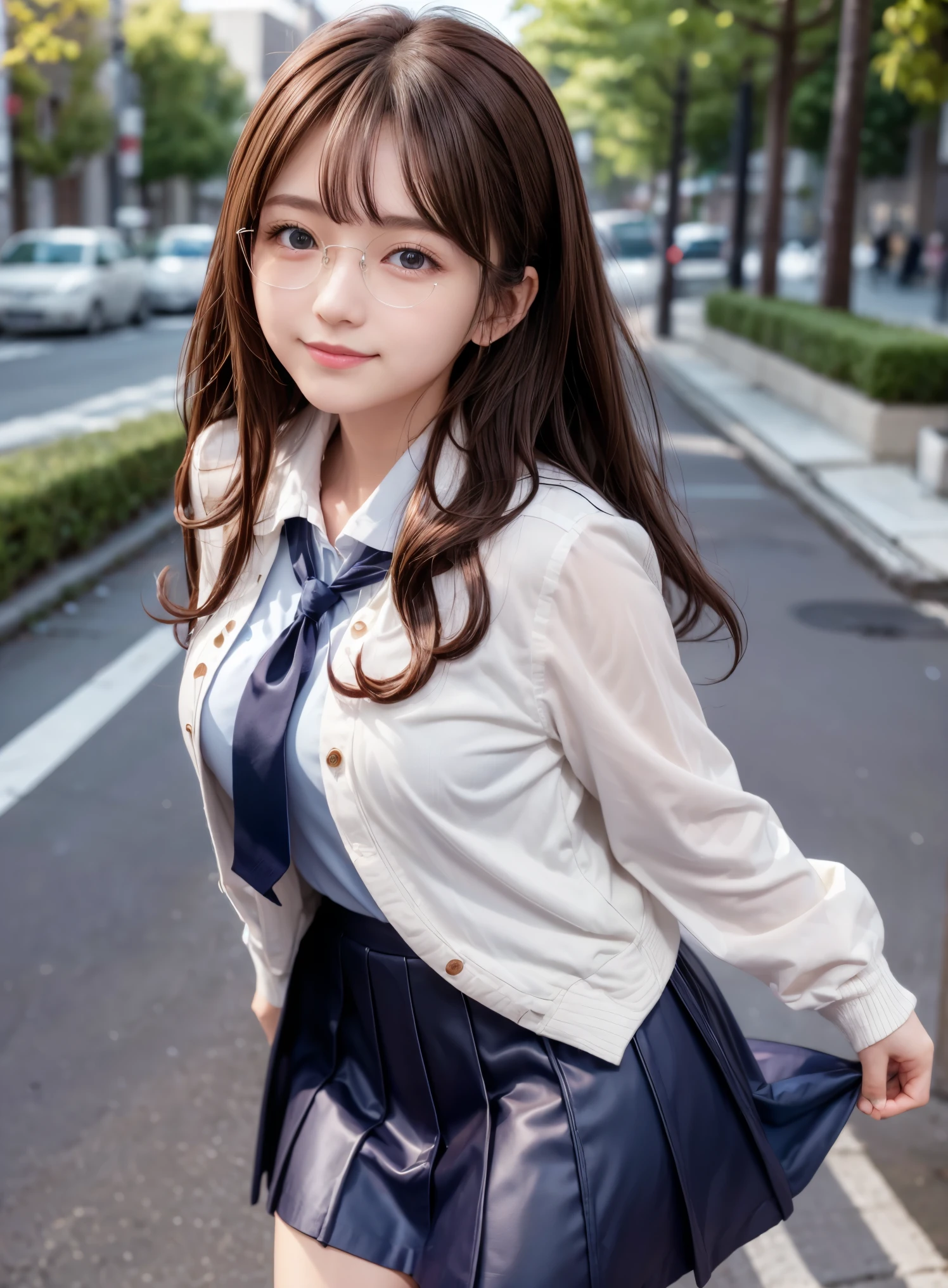 Beautiful Features、Japanese 、((Brown Hair、Curly Hair)), ((Red eyes、Droopy eyes: 1. 4)), (A teasing smile:1.2), Highly detailed eyes, highest quality, Ultra-high resolution, Beautiful and vivid illustrations、Ultra-realistic oily and glossy skin, Super fine fabric, Ray Tracing, High resolution CG Unity 8K wallpaper, RAW Photos, Natural front light、Accurate Fingers, Anatomically correct, 
BREAK、
(Navy blue jacket、White blouse、tie、Navy blue tight skirt), (Glasses), From the back、