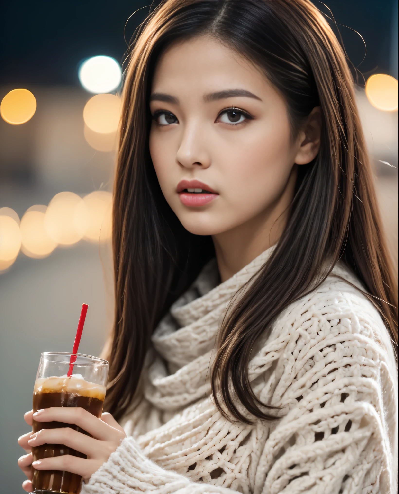 16k,masterpiece, highest quality, One girl, alone,whole body,Perfect Anatomy,born　photograph,super high quality, High resolution,whole body、One Woman、High heels、1960s dress、Beautiful girl modern fashion drinking coca cola, Cinematic,8K resolution, Soft lighting,Highly detailed skin and hair texture, eye,nose, Mouth has realistic details,