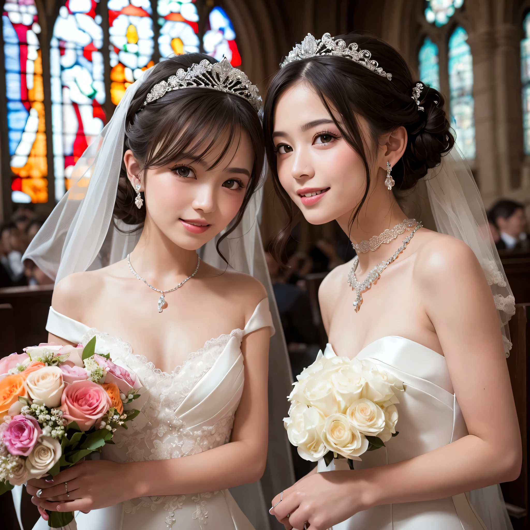 (kawaii face), (flat chest:1.2), happy smile, makeup, (Beautiful frills and lace cute wedding dress, bare shoulders:1.3), (tiaras, necklaces, earrings), Ultra High Definition, Superior Quality, Premier Quality, ultra detailed, Photorealistic, 8k, RAW Photos, highest quality, masterpiece, professional photography, Realistic portrait, Beautiful detailed, Close up portrait of girl, (chapel, stained glass), bouquet, flower decoration, beautiful bride pictures, (Fine face:1.2),