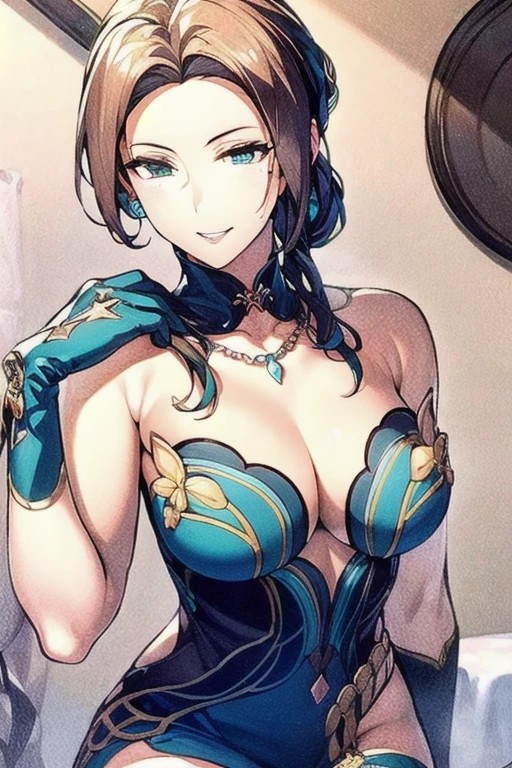 ((Very realistic shading, masterpiece, Very detailed, Realistic)),Black Hair,Bright Blue Eyes,真珠のnecklace,necklace,Blue Chinese Dress,Blue gloves,Blue High Heels,