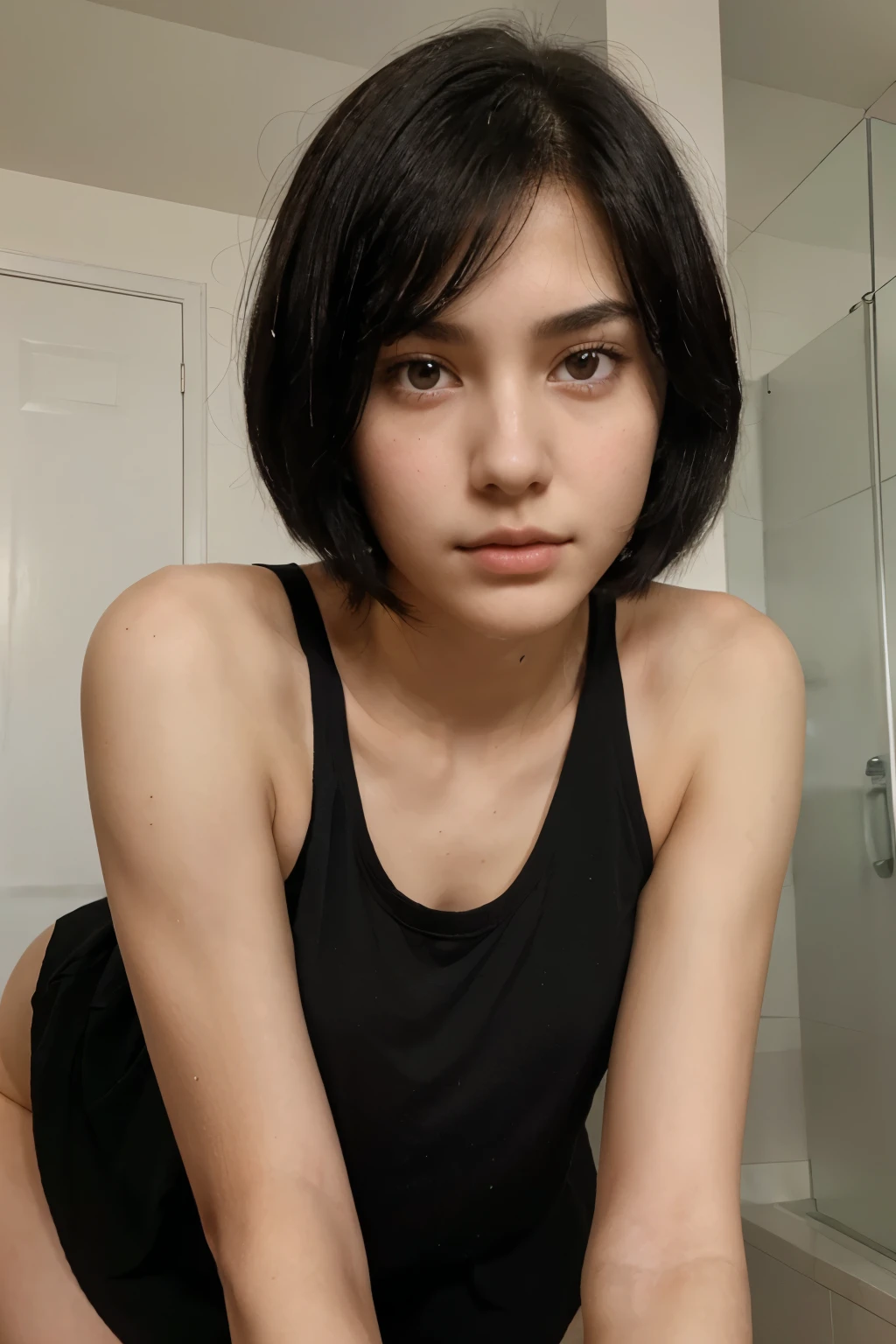 (16 year old girl) (slender body), ((black hair)) (short hair) (black eyes) (white skin). beautiful face, perfect and delicate face. expression of boredom. full body, girl with western face (tall girl) thin legs, thin arms (face photo, face close-up, framing the girl's face)