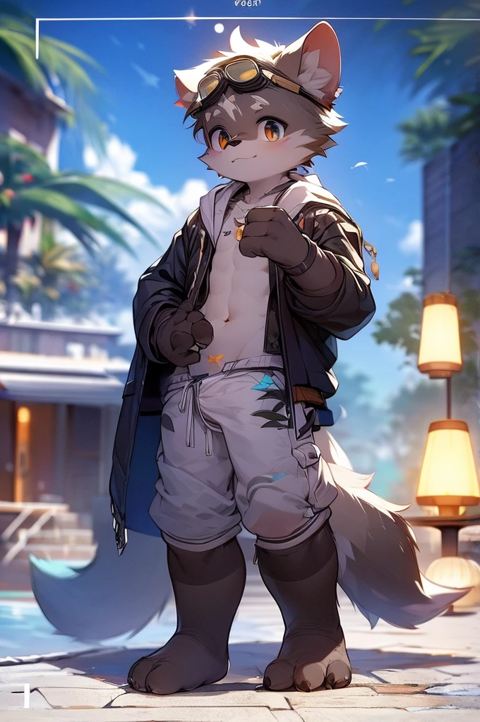 Hyena Boy,Gray fur,Topless, mammal, hairy,Gray Eyes,upscale hotel,goggles,moon tattoo,Cover your crotch with your hands,inventor,Star decoration,Transparent swimming trunks quality