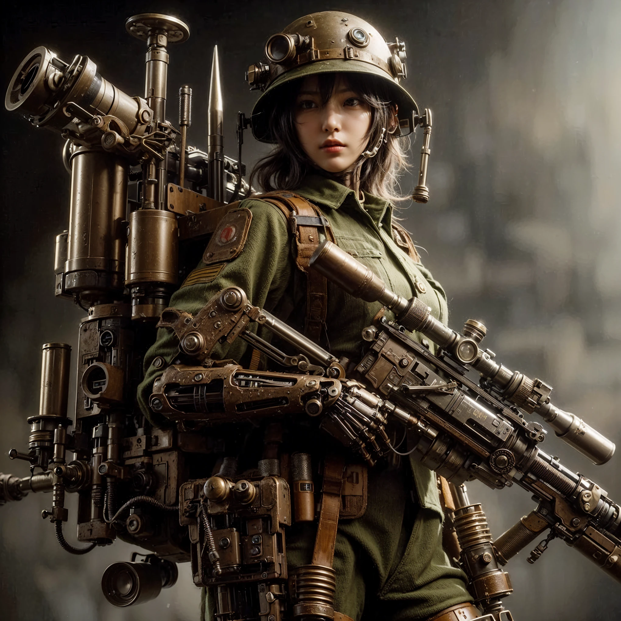 superrealism, ultra high res,8k,(Photorealsitic:1.4), (WWⅡ-like mechanical suit:1.2), designed by Hajime Katoki,heavy weapons,vivid textures,animal legs, gradation hair, japanese female soldier,(ultra beautiful face),((super realistic all textures)), ((super intricate all details)), full body shot, ultra sharp photo result, Olive Drab color, scratch, Rust, weathering, steampunk, taken with Fuji film X-T30+Nokton. HDR10,Minimum of 4 pieces created