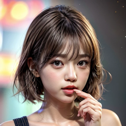 (highest quality,Super detailed,Physically Based Rendering:1.2), (RAW, Realistic, Photorealistic:1.37), (Acutance:0.85),Portraiture,Beautiful young woman with Delicate facial features,Soft lighting, ((Playfully licking finger with tongue, Gently placing a finger in the mouth)), (Close-up shot of sensual lips),Cheeks turn slightly red,A gentle and captivating gaze, cute BabyLike finger . Studio gray background, Light Particles, many blurred colorful Lights (dazzling bokeH) . BREAK . (((NOGIZAKA face variations))) Extremely Detailed very KAWAII face variations, elaborate detailed Eyes with (sparkling highlights:1.2), (Voluminous long eyelashes:0.9)、Glossy RED Lips with beautiful details, Coquettish tongue, Rosy cheeks, Radiant PearlSkin with clear transparency, (Natural:0.7) Detailed FlawlessSkin with glowing DowneyHair . { (Dynamic LifeLike expressions) | :d) }, (large eyes:-1) . mouth_hold