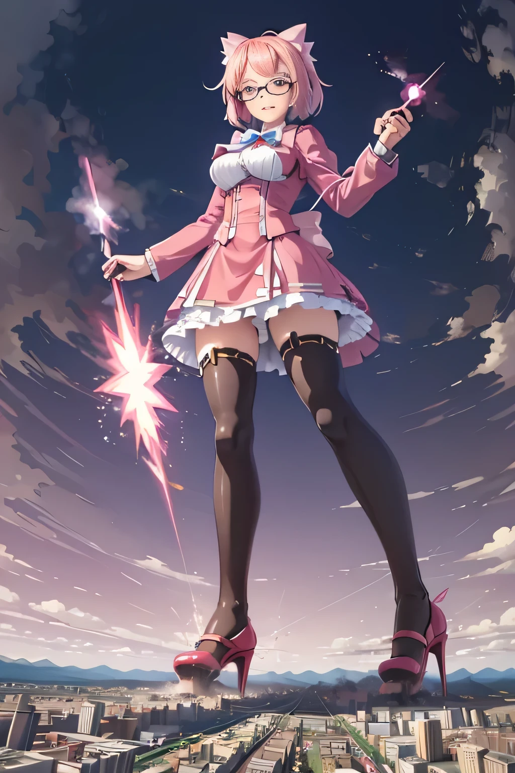 giantess art, highly detailed giantess shots, giantess, Two legs, Five fingers, short hair, A beautiful girl who is bigger than a skyscraper, Wearing rimless glasses, smile, Big Breasts, pink dress, bow, magical girl, magical wand, black pantyhose, pink stiletto heels, Lightning strike from the staff, Destroying cities, A very small big city, Miniature metropolis, Full body description, GTS, giga giantess, stomping city, crash city, tiny city, micro city, pantyhose feet, High resolution, highest quality, masterpiece,