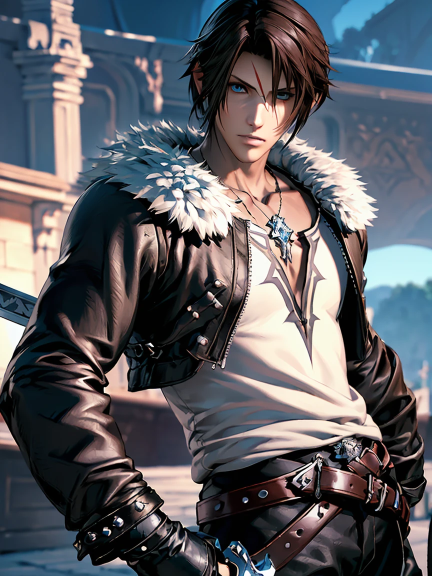 1 adult man, With blue eyes, Final Fantasy Squall, Handsome, With dark hair, (slicked back hairstyle) and a black jacket with white fur, ＶWhite inner on the neck、Black leather pants、Handsome and muscular man in Demon Slayer art, Mechanic Machine Cyborg Fusion, Jestic Live Graphics, Realistic, Dynamic Pose, Realistic, Detailed and correct facial structure, Blade Ornament, Attractive, Cinematic lighting, Unreal Engine, Trending on ArtStation, Intricate details, masutepiece, Best Quality, By Irakli Nadar, Greg Rutkowski，(((Best Quality))),(((ultra-detailliert))),(((masutepiece)))、((((There are longitudinal sword marks from the forehead to the cheeks))))、