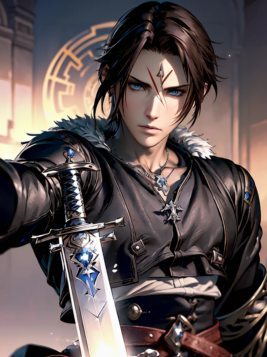 1 adult man, With blue eyes, Final Fantasy Squall, Handsome, With dark hair, (slicked back hairstyle) and a black jacket with white fur, ＶWhite inner on the neck、Black leather pants、Handsome and muscular man in Demon Slayer art, Mechanic Machine Cyborg Fusion, Jestic Live Graphics, Realistic, Dynamic Pose, Realistic, Detailed and correct facial structure, Blade Ornament, Attractive, Cinematic lighting, Unreal Engine, Trending on ArtStation, Intricate details, masutepiece, Best Quality, By Irakli Nadar, Greg Rutkowski，(((Best Quality))),(((ultra-detailliert))),(((masutepiece)))、((((There are longitudinal sword marks from the forehead to the cheeks))))、