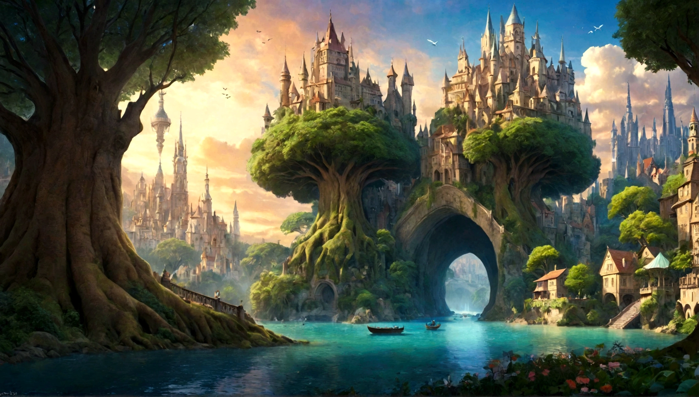 huge trees, city, city in tree, fairytale city, magical city