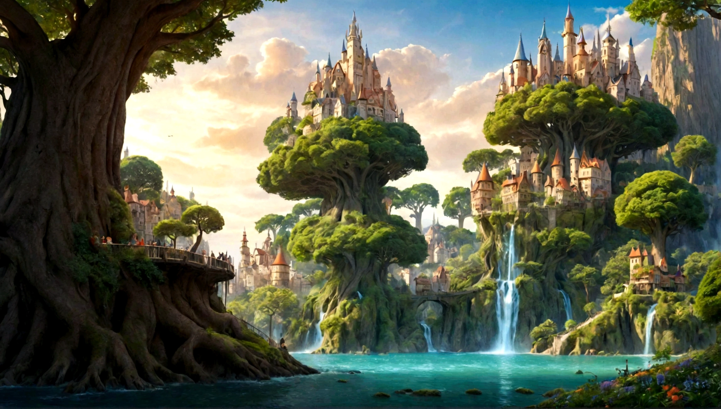 huge trees, city, city in tree, fairytale city, magical city
