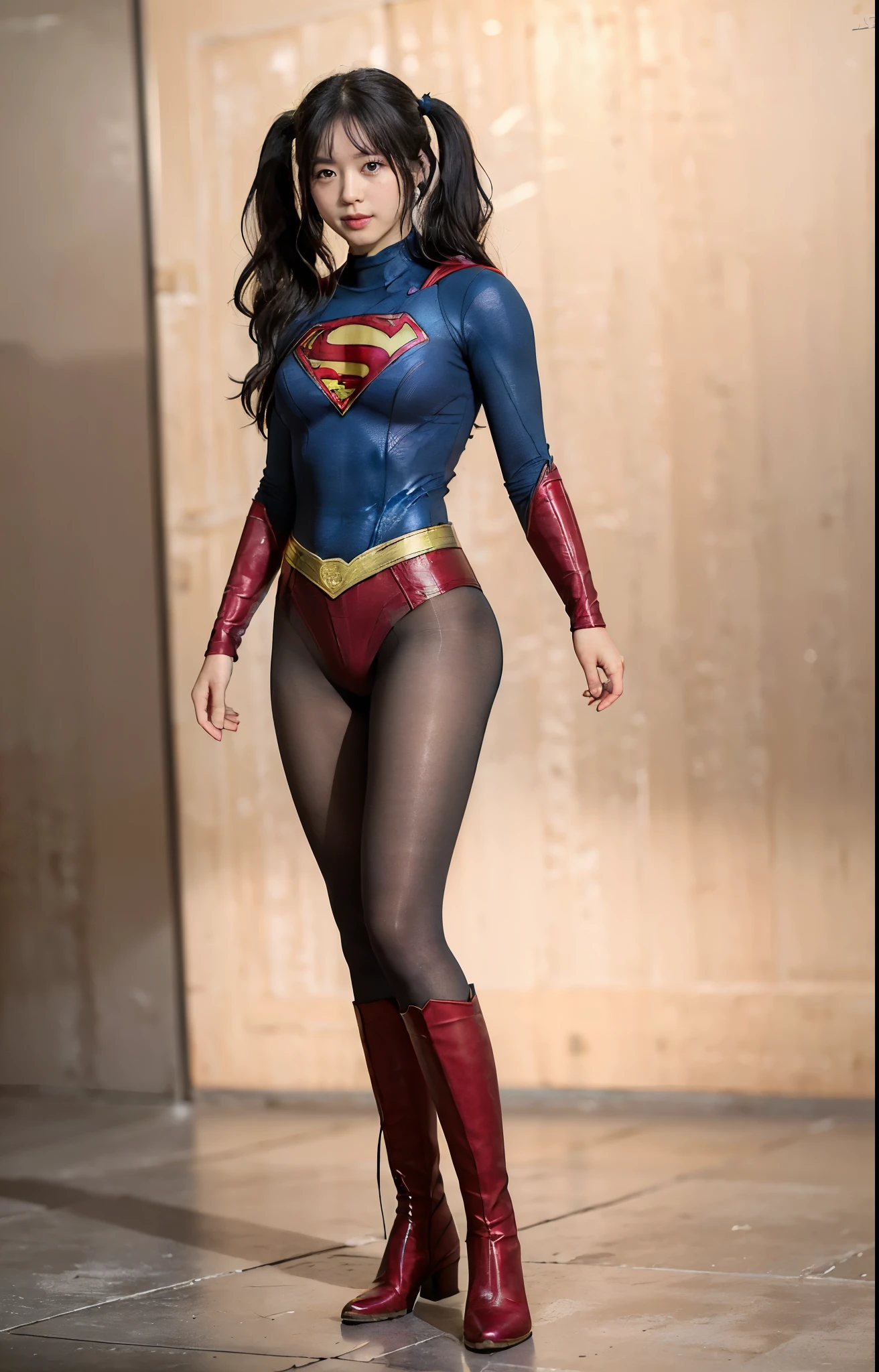 No background、(((Beautiful legs in black tights.)))、(((Legally express the beauty of your smile)))、((((Make the most of your original images)))、(((体にぴったりフィットするSupergirl Costume)))、(((Supergirl Costume)))、(((Beautiful hair with twin tails)))、(((suffering)))、(((Please wear black tights....、Wear red boots)))、((Best image quality、8k))、((highest quality、8k、masterpiece:1.3))、(((Preserve background )))、Sharp focus:1.2、Beautiful woman with perfect figure:1.4、Slim Abs:1.2、Wet body:1.5、Highly detailed face and skin texture、8k