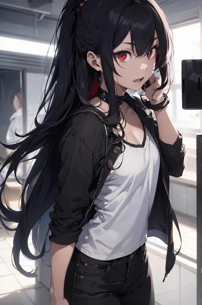 A fierce 17-year-old anime boy with red eyes, black hair, sharp teeth, attractive and muscular appearance, with 16cm long hair, (best quality,4k,8k,highres,masterpiece:1.2),ultra-detailed,(realistic,photorealistic,photo-realistic:1.37),intricate details,cinematic lighting,dramatic pose,moody lighting,vibrant colors,dark fantasy,digital painting, with clothes