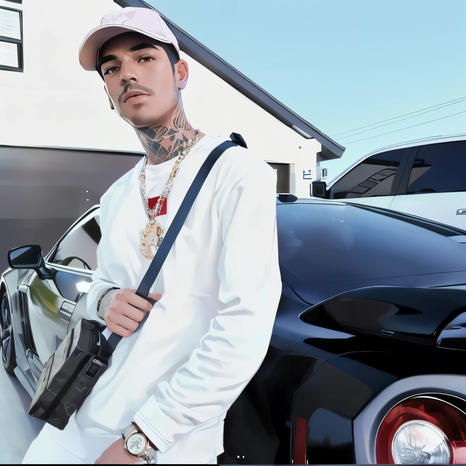 hay un hombre parado al lado de un auto, camisa blanca manga larga, bolsa al hombro negra, gorra azul, estilo gta. reloj, cadena rapero, tatuaje en cuello, la mejor calidad, ultra hd, muy detallado, detalles perfectos, estilo gta v