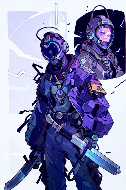 A man with a futuristic helmet with silver details and based on an astronaut helmet. He has an awesome purple jacket and two futuristic machetes with blue electricity around them.