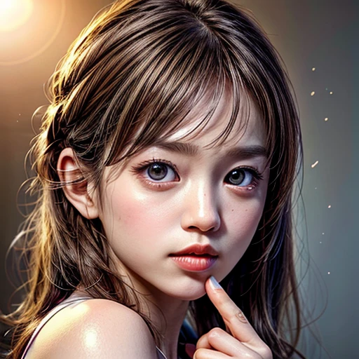 (highest quality,Super detailed,Physically Based Rendering:1.2), (RAW, Realistic, Photorealistic:1.37), (Acutance:0.85),Portraiture,Beautiful young woman with Delicate facial features,Soft lighting, ((Playfully licking finger with tongue, Gently placing a finger in the mouth)), (Close-up shot of sensual lips),Cheeks turn slightly red,A gentle and captivating gaze, cute BabyLike finger . Studio gray background, Light Particles, many blurred colorful Lights (dazzling bokeH) . BREAK . (((NOGIZAKA face variations))) Extremely Detailed very KAWAII face variations, elaborate detailed Eyes with (sparkling highlights:1.2), (Voluminous long eyelashes:0.9)、Glossy RED Lips with beautiful details, Coquettish tongue, Rosy cheeks, Radiant PearlSkin with clear transparency, (Natural:0.7) Detailed FlawlessSkin with glowing DowneyHair . { (Dynamic LifeLike expressions) | :d) }, (large eyes:-1) . mouth_hold