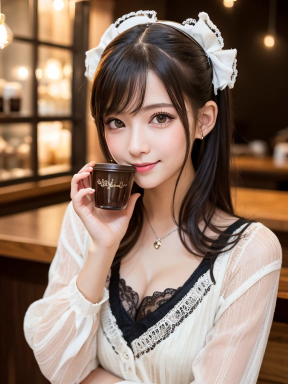 Browsing Caution,(Camel Toe),(highest quality:1.2),In 8K, RAW Photos,Black Hair, (Lolita Fashion, :1.2), Esbian all over, Stunningly beautiful girl, A clear aura,Face Light, Professional Lighting, Cinema Lighting, Detailed face, Bokeh Background、cleavage open 、clothes、Cold Smile、Coffee shop
