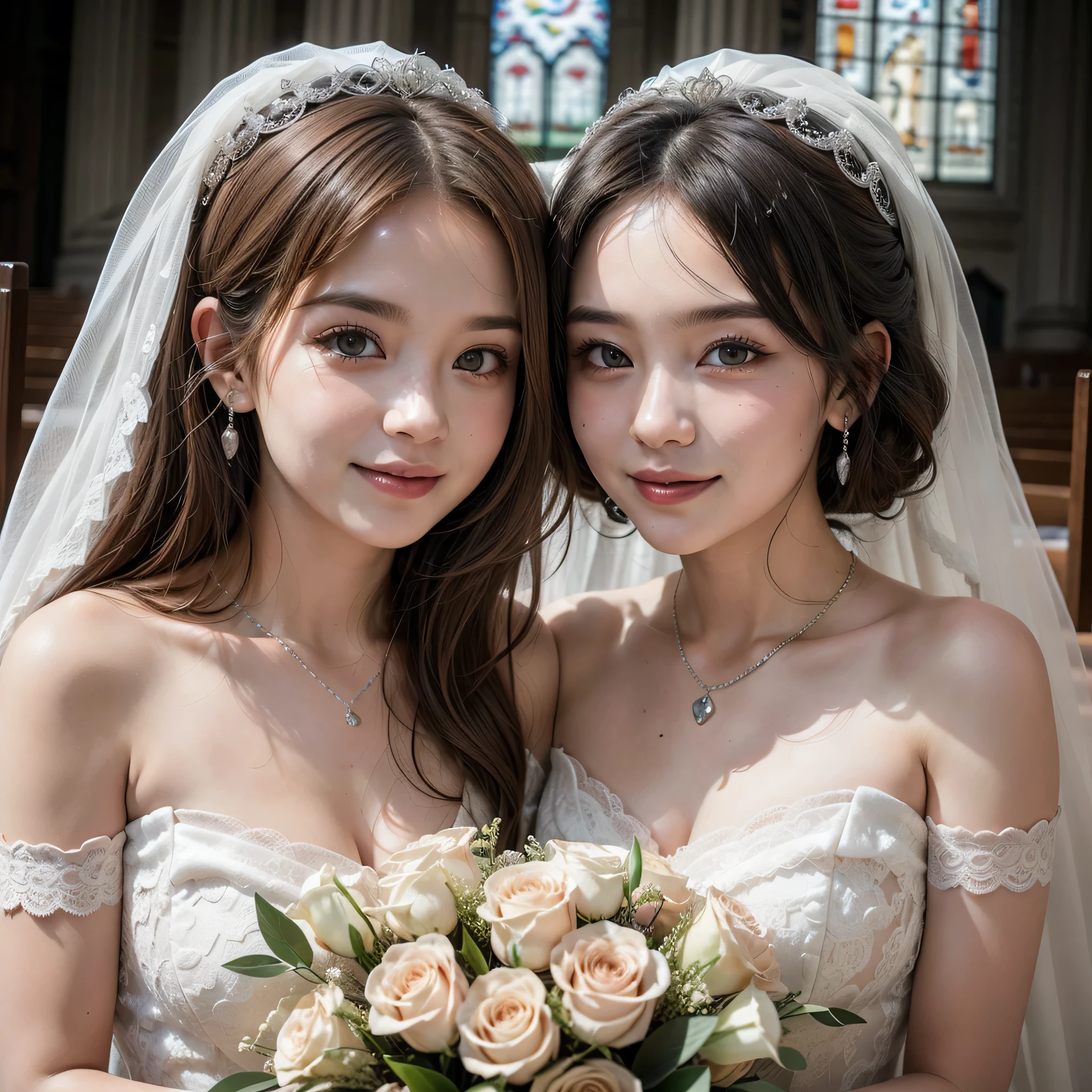 (kawaii face), (flat chest:1.2), happy smile, makeup, (Beautiful frills and lace cute wedding dress, bare shoulders:1.3), (tiaras, necklaces, earrings), Ultra High Definition, Superior Quality, Premier Quality, ultra detailed, Photorealistic, 8k, RAW Photos, highest quality, masterpiece, professional photography, Realistic portrait, Beautiful detailed, Close up portrait of girl, (chapel, stained glass), bouquet, flower decoration, beautiful bride pictures, (Fine face:1.2),