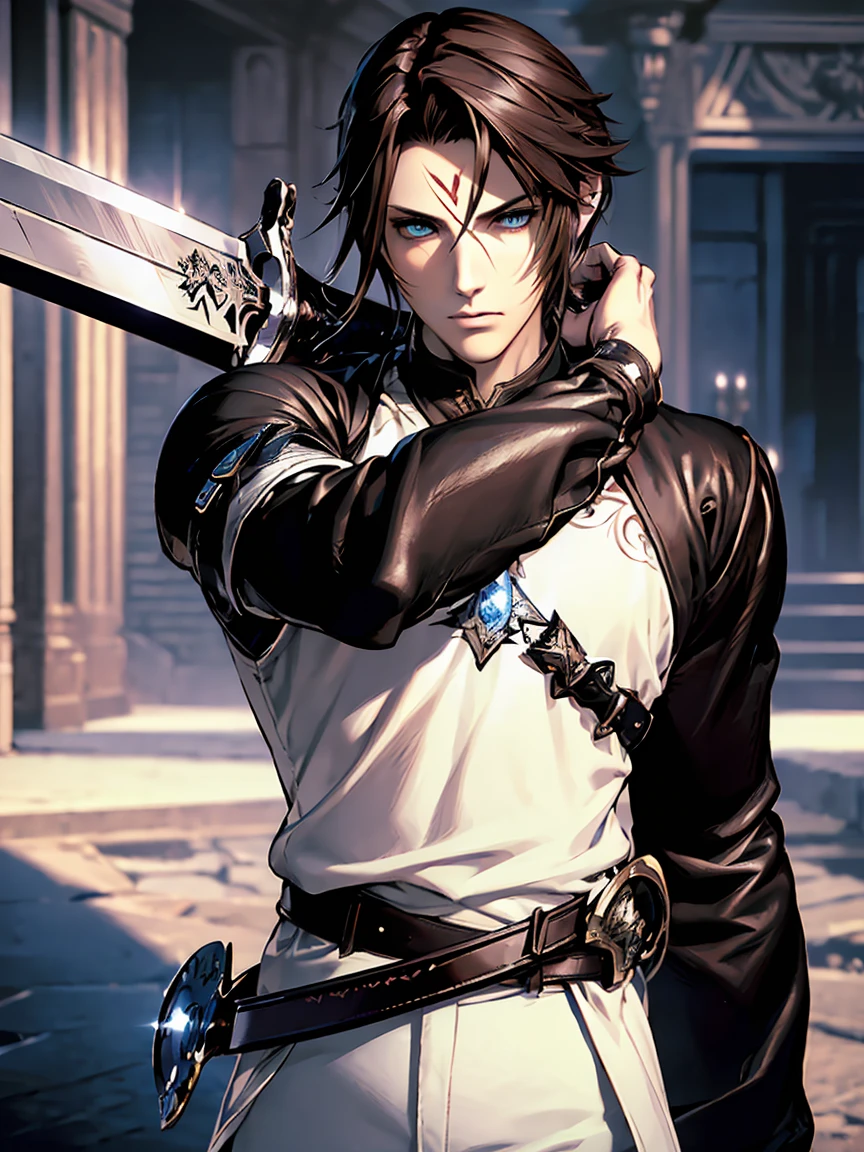 1 adult man, With blue eyes, Final Fantasy Squall, Handsome, With dark hair, (slicked back hairstyle) and a black jacket with white fur, ＶWhite inner on the neck、Black leather pants、Handsome and muscular man in Demon Slayer art, Mechanic Machine Cyborg Fusion, Jestic Live Graphics, Realistic, Dynamic Pose, Realistic, Detailed and correct facial structure, Blade Ornament, Attractive, Cinematic lighting, Unreal Engine, Trending on ArtStation, Intricate details, masutepiece, Best Quality, By Irakli Nadar, Greg Rutkowski，(((Best Quality))),(((ultra-detailliert))),(((masutepiece)))、((((There are longitudinal sword marks from the forehead to the cheeks))))、