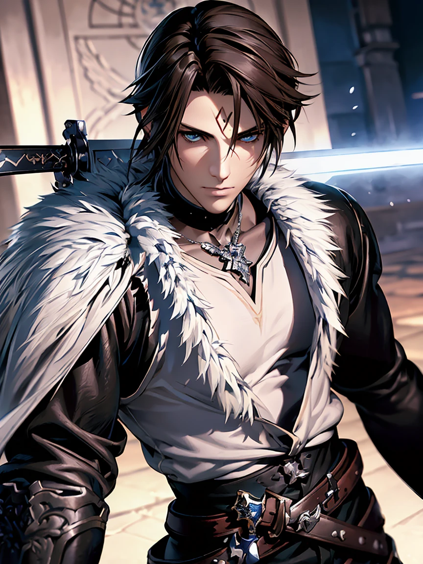 1 adult man, With blue eyes, Final Fantasy Squall, Handsome, With dark hair, (slicked back hairstyle) and a black jacket with white fur, ＶWhite inner on the neck、Black leather pants、Handsome and muscular man in Demon Slayer art, Mechanic Machine Cyborg Fusion, Jestic Live Graphics, Realistic, Dynamic Pose, Realistic, Detailed and correct facial structure, Blade Ornament, Attractive, Cinematic lighting, Unreal Engine, Trending on ArtStation, Intricate details, masutepiece, Best Quality, By Irakli Nadar, Greg Rutkowski，(((Best Quality))),(((ultra-detailliert))),(((masutepiece)))、((((There are longitudinal sword marks from the forehead to the cheeks))))、