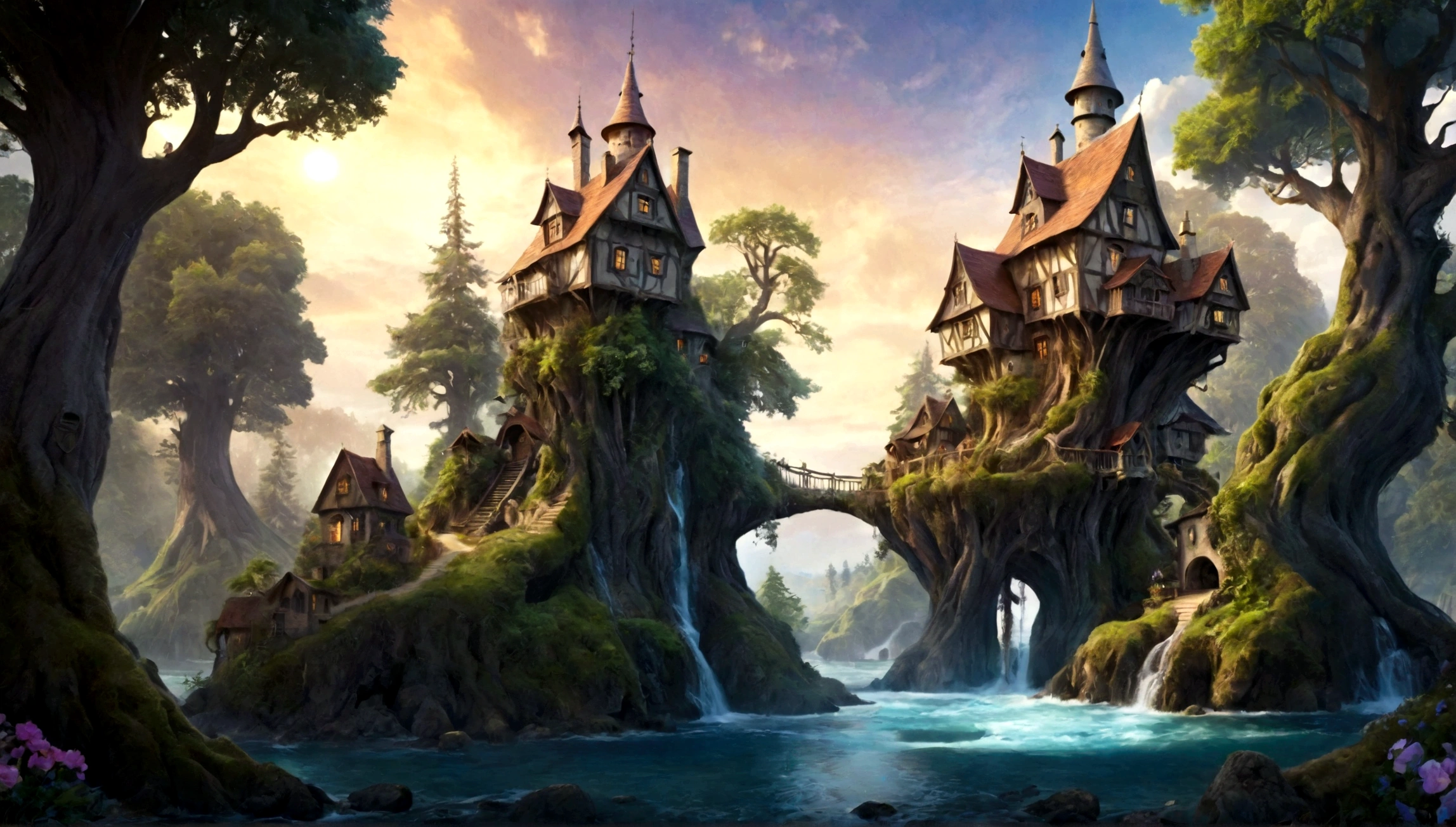 huge trees,  houses in tree, fairytale houses, magical houses