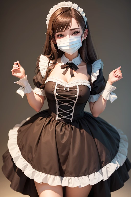 Woman dressed as a maid with an anime brown hair comedy mask