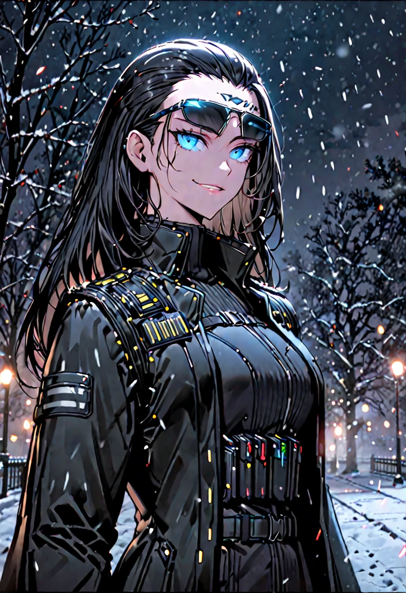 solo, female, tall, glowing blue eyes, slicked back hair, long hair, black trench coat, bullet-proof vest, smirk, black gloves, snow, park, night, JC Denton, circuitry on forehead, ((sunglasses))