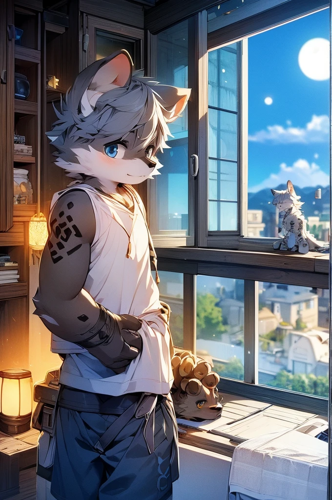 Hyena Boy,Gray fur,Topless, mammal, hairy,Gray Eyes,upscale hotel,goggles,moon tattoo,Cover your crotch with your hands,inventor,Star decoration,Transparent swimming trunks quality