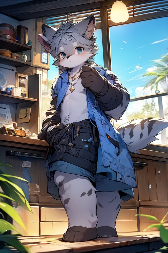 Hyena Boy，Gray fur，Topless, mammal, hairy，Gray Eyes，upscale hotel，goggles，moon tattoo，Cover your crotch with your hands，inventor，Star decoration，Transparent swimming trunks quality