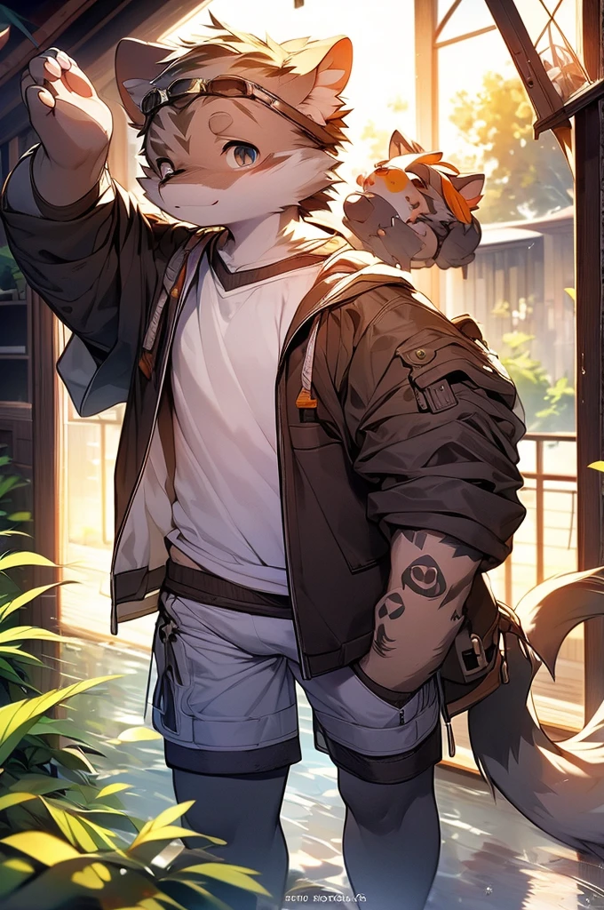 Hyena Boy，Gray fur，Topless, mammal, hairy，Gray Eyes，upscale hotel，goggles，moon tattoo，Cover your crotch with your hands，inventor，Star decoration，Transparent swimming trunks quality
