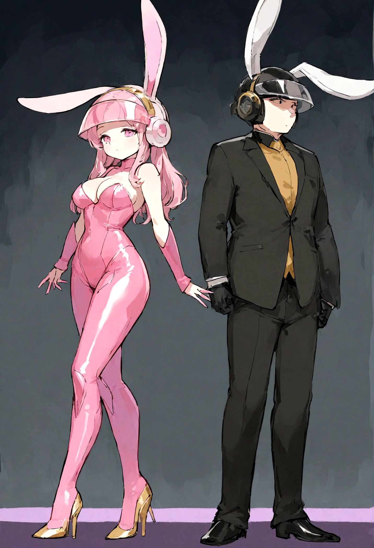 Create an illustration of two human figures, a man and a woman, dressed in futuristic, form-fitting suits and rabbit-shaped helmets. The man should be wearing a black suit with gold details, sleeveless, and a black helmet with a gold T-shaped visor and large, pointed rabbit ears. The woman should be wearing a black suit with pink details, sleeveless, with pink high heels, and a pink helmet with a black T-shaped visor and large, pointed rabbit ears. Both should be standing, with the man slightly taller than the woman, in a relaxed position with their arms at their sides. The illustration should have a futuristic and slightly cyberpunk style, with shiny materials resembling latex or vinyl.