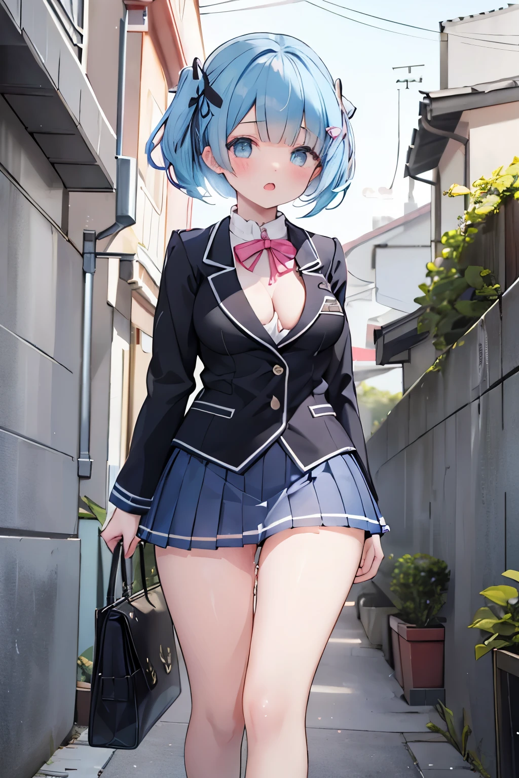 (8K、Highest quality、highest quality、masterpiece)、Detailed face、One girl、Rem from Re:Zero、Light blue hair 、short hair、twintails、blunt bangs、Grey Eyes、、、((Blazer jacket uniform))、((Pleated skirt))、((No panties))、((bent over))、Back Alley Background、Very large breasts、Nipples are visible、、Black Pantyhose、Milk dripping from nipples、Milk spurting from the nipple、、Open your mouth、Troubled face、Love juice from the genitals、Full body portrait、Walking around the city、One man、Hearts in the eyes、Sex with a man