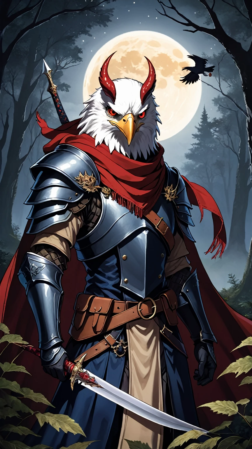 “anthropomorphic_Eagle vivid eyes face detail”, horns wearing a beige leather armor, a dark blue mantle and a red-lived scarf holding a medieval dagger. Dark envoused forest at night in front of a huge moon, foliage, gloomy and dark environment, high in detail and improvement enhaced.