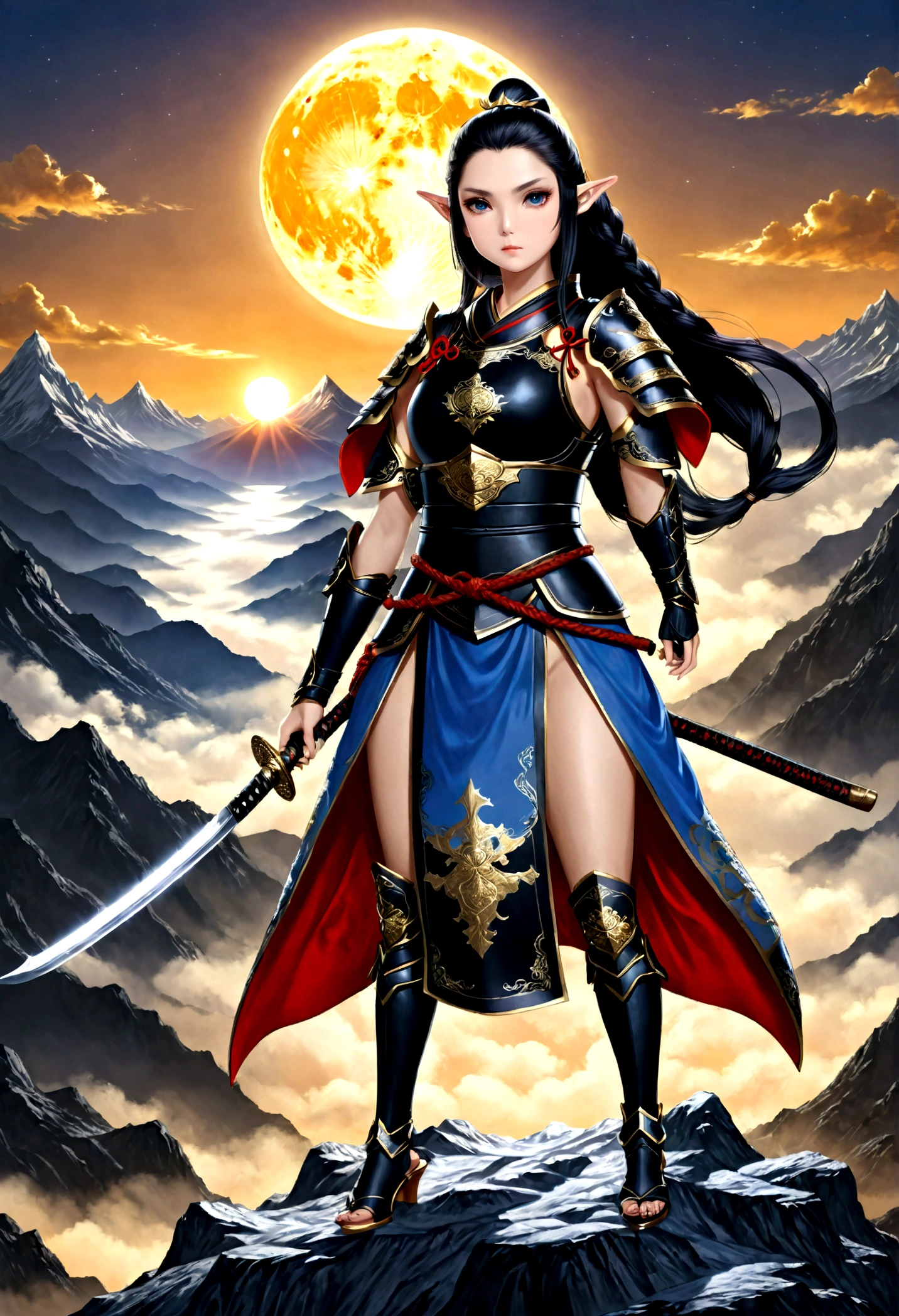 fantasy art, RPG art, dark fantasy art, a female elf samurai, ready to battle, she wears traditional samurai armor,  she wears (armored skirt: 1.2), she wears blue high heeled boos, armed with a katana, she stands on top of the mountain at dawn, exquisite beautiful female elf, long hair, black hair, straight hair, braided hair, black eyes, intense eyes, small pointed ears, fantasy mountain top at dawn background, moon, stars, clouds, god rays, soft natural light silhouette, dynamic angle, photorealism, panoramic view, ultra best realistic, best details, 16k, [ultra detailed], masterpiece, best quality, (extremely detailed), photorealism, 