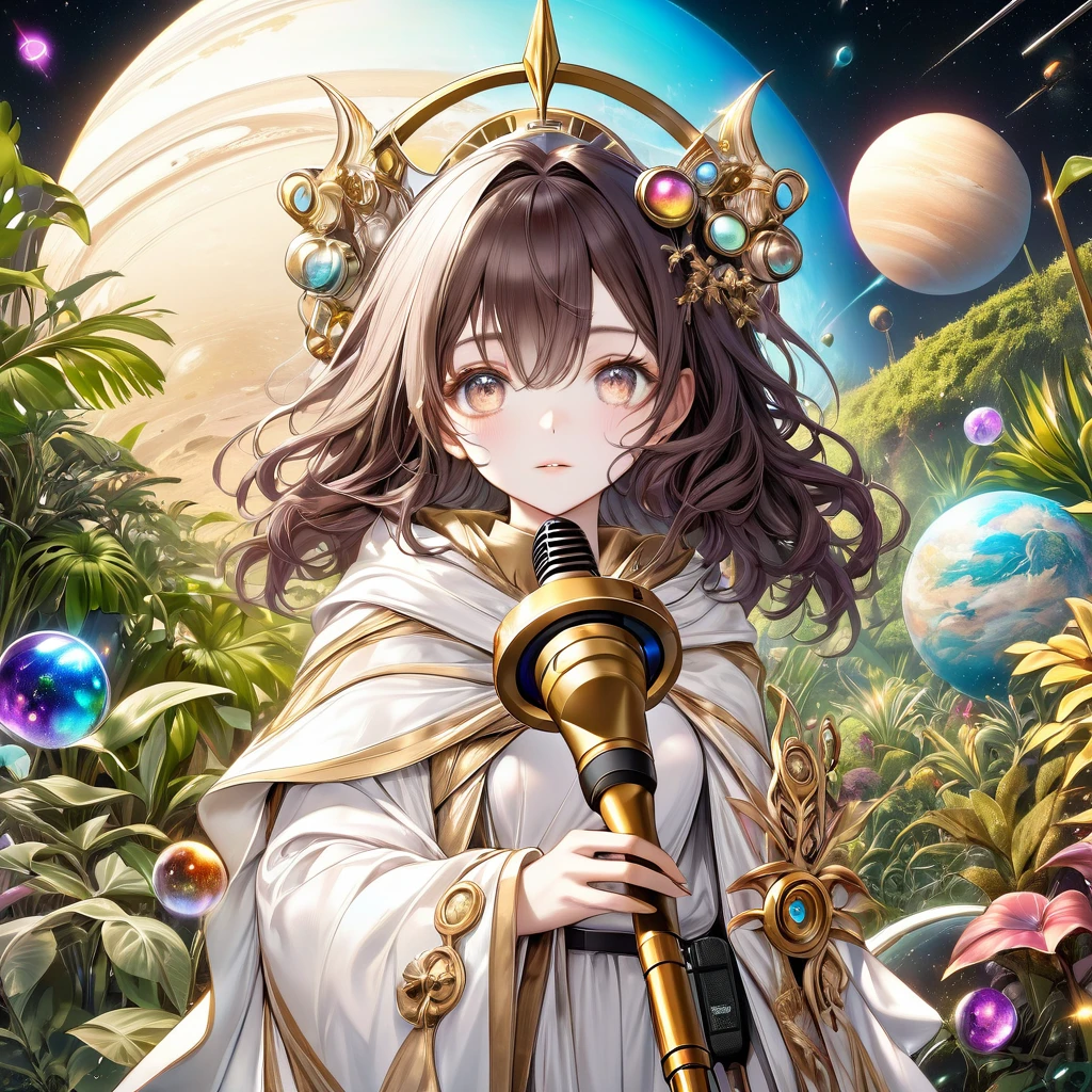 Una chica de anime,  hyper realistic in a medieval time with futuristic technology and environment of soft pastel colors and bright colors of white skin and dark brown wavy hair, ojos color marron tono miel, dressed in white and gold robes holding a staff of many colored crystals with a microphone near her face and a bag in pastel tones on an unknown planet with plants around her 