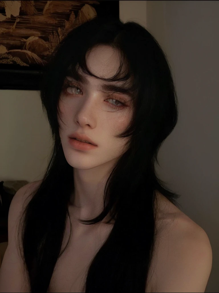homem com longos cabelos pretos e sem camisa ohando para o lado de frente para camera, with pale skin, androgynous face, beautiful androgynous boy, androgynous boy portrait, Asian, fofo, labios carnudos, pale gothic beauty, fair and pale skin!!, an epic non-binary model, androgynous person, smooth and pale skin, androgynous man, (12x) extremely pale white skin, garoto fofo, olhos puxados, homem asiatico, jimin do bts, sunoo enhypen