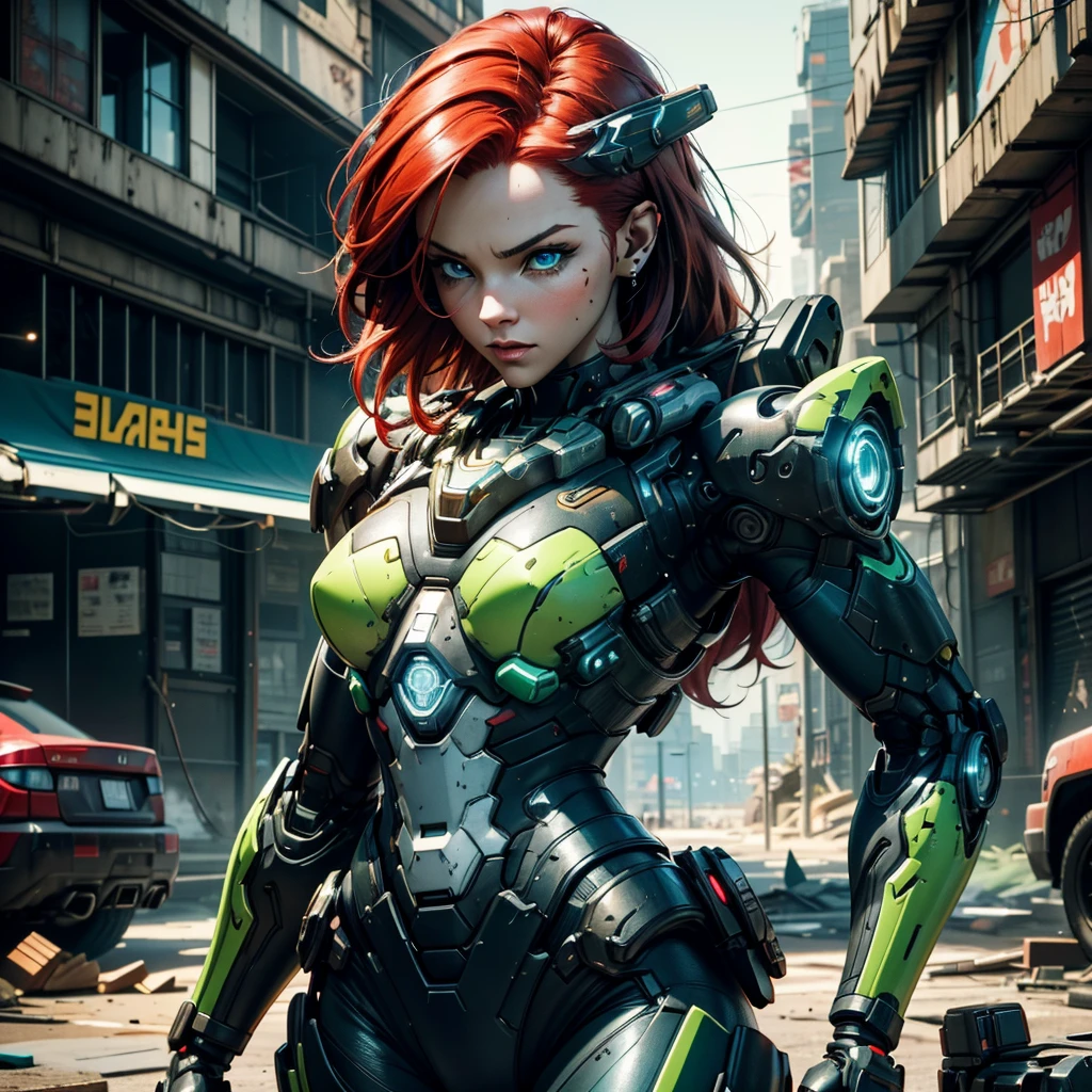 "Produce a top-quality image of a young woman with red hair and piercing blue eyes, donned in cyberpunk-style armour, black with green details, from head to waist. She stands amid a scene of destruction, surrounded by wrecked military vehicles, against the backdrop of a futuristic military base. Enhance the details to embody the aesthetics of popular game characters, blending the vibrancy of Overwatch with the grit of Cyberpunk: 2077."