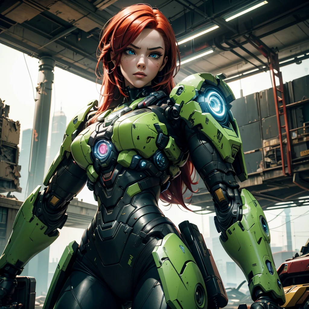 "Produce a top-quality image of a young woman with red hair and piercing blue eyes, donned in cyberpunk-style armour, black with green details, from head to waist. She stands amid a scene of destruction, surrounded by wrecked military vehicles, against the backdrop of a futuristic military base. Enhance the details to embody the aesthetics of popular game characters, blending the vibrancy of Overwatch with the grit of Cyberpunk: 2077."