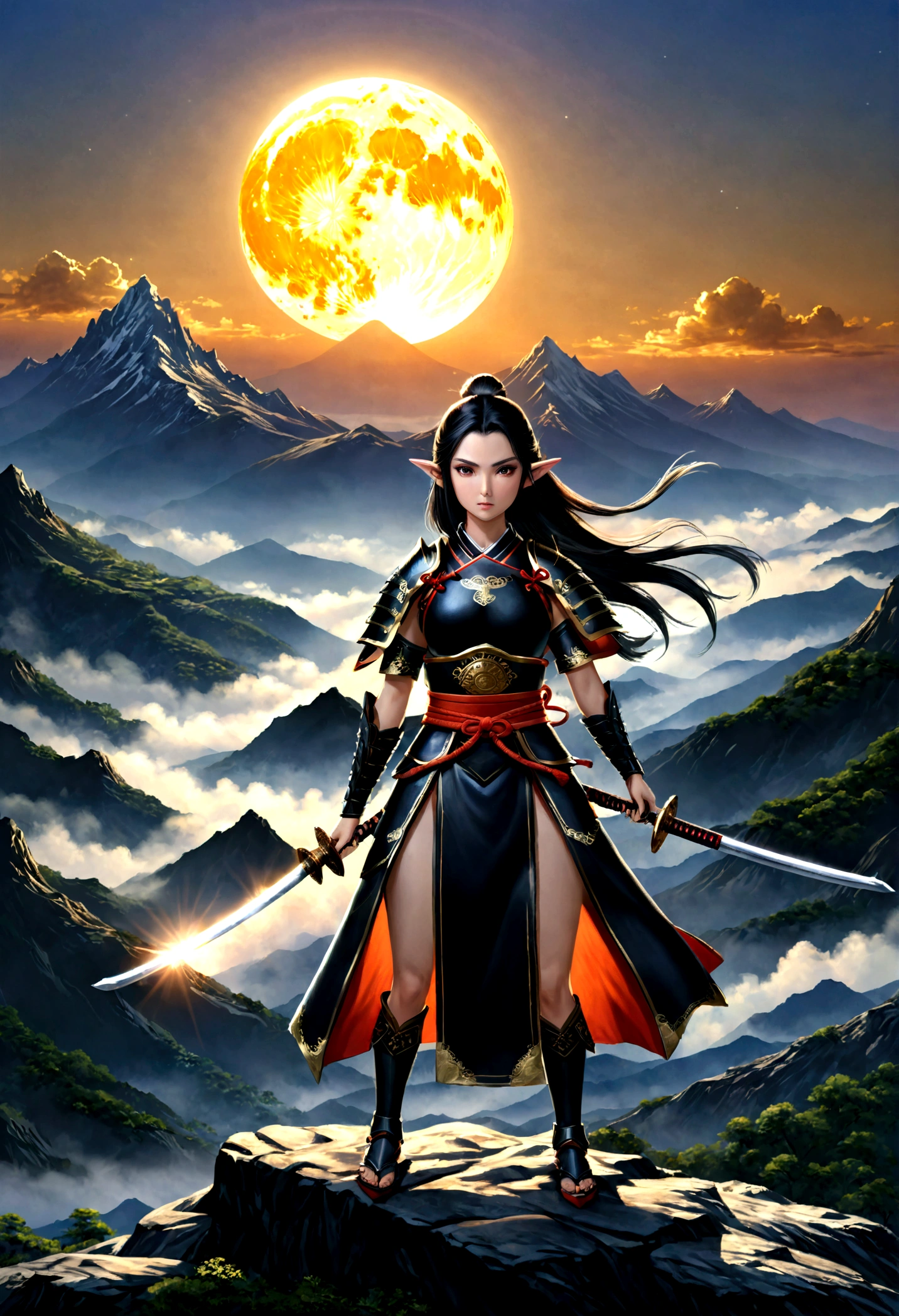 fantasy art, RPG art, dark fantasy art, a female elf samurai, ready to battle, she wears traditional samurai armor,  she wears armored skirt, armed with a katana, she stands on top of the mountain at dawn, exquisite beautiful female elf, long hair, black hair, straight hair, braided hair, black eyes, intense eyes, small pointed ears, fantasy mountain top at dawn background, moon, stars, clouds, god rays, soft natural light silhouette, dynamic angle, photorealism, panoramic view, ultra best realistic, best details, 16k, [ultra detailed], masterpiece, best quality, (extremely detailed), photorealism, 