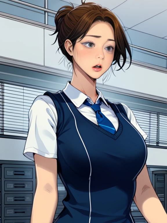 1girl,koreangirl age 12,very beautiful detailed face,student tight shirt and miniskirt uniform,super big breast,(P cup), Beautiful Girl, sexy body, in Classroom