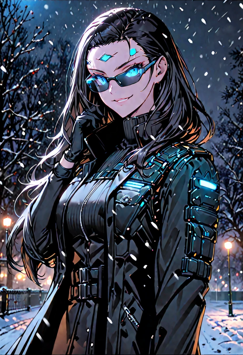 solo, female, tall, glowing blue eyes, slicked back hair, long hair, black trench coat, bullet-proof vest, smirk, black gloves, snow, park, night, JC Denton, circuitry on forehead, ((wearing sunglasses))