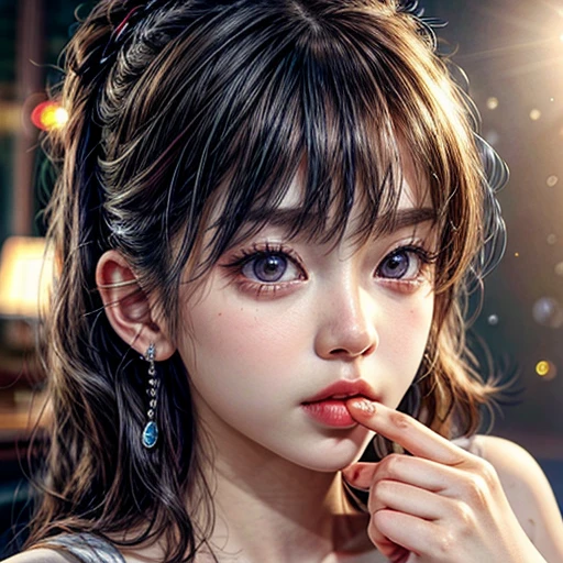(highest quality,Super detailed,Physically Based Rendering:1.2), (RAW, Realistic, Photorealistic:1.37),Portraiture,Beautiful young woman with Delicate facial features,Soft lighting, ((Playfully licking finger with tongue, Gently placing a finger in the mouth)), (Close-up shot of sensual lips),Cheeks turn slightly red,A gentle and captivating gaze, cute BabyLike finger . Studio gray background, Light Particles, many blurred colorful Lights (dazzling bokeH) . BREAK . (((NOGIZAKA face variations))) Extremely Detailed very KAWAII face variations, elaborate detailed Eyes with (sparkling highlights:1.2), (Voluminous long eyelashes:0.9)、Glossy RED Lips with beautiful details, Coquettish tongue, Rosy cheeks, Radiant PearlSkin with clear transparency, (Natural:0.7) Detailed FlawlessSkin with glowing DowneyHair . { (Dynamic LifeLike expressions) | :d) }, (large eyes:-1) . mouth_hold