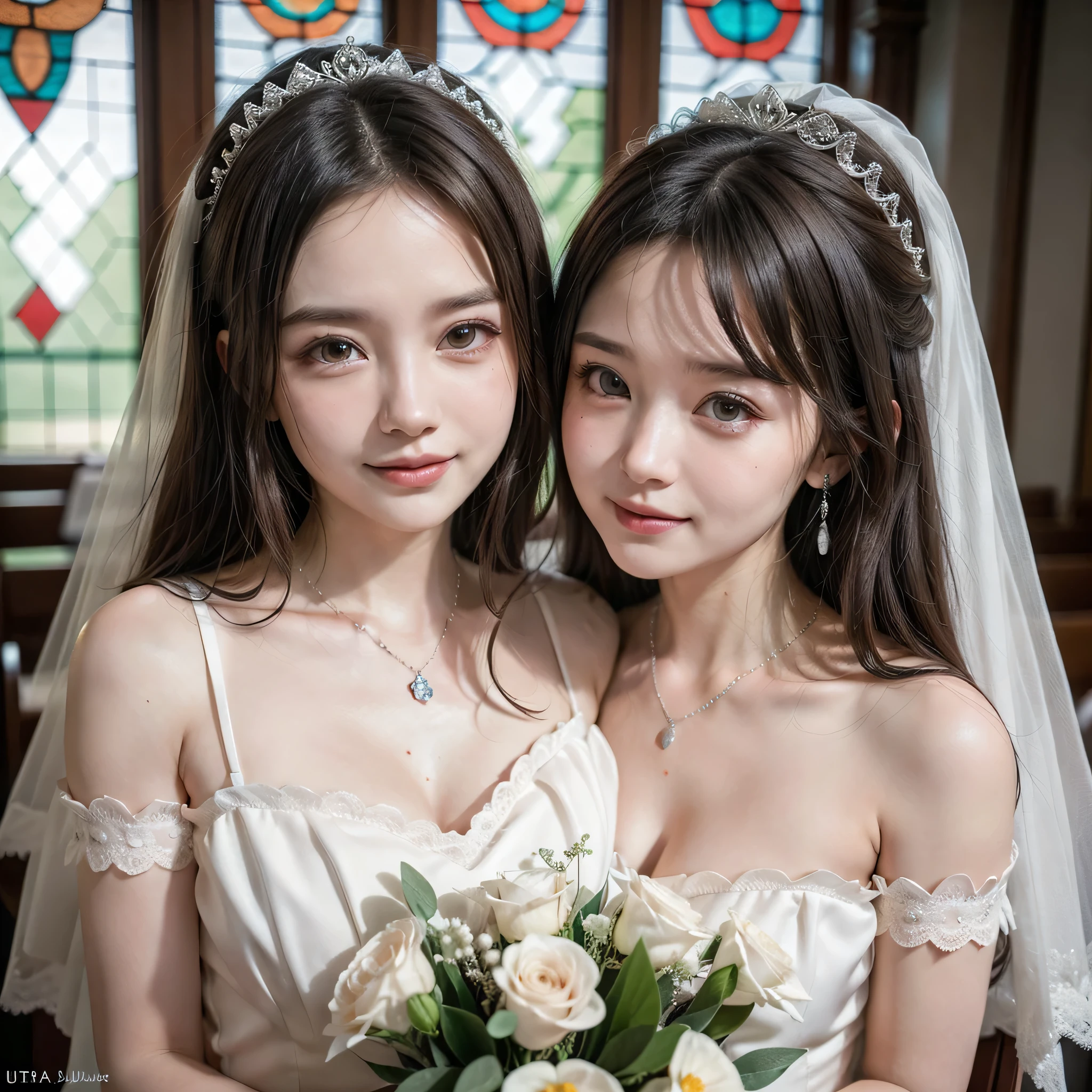 (kawaii face), (flat chest:1.2), happy smile, makeup, (Beautiful frills and lace cute wedding dress, bare shoulders:1.3), (tiaras, necklaces, earrings), Ultra High Definition, Superior Quality, Premier Quality, ultra detailed, Photorealistic, 8k, RAW Photos, highest quality, masterpiece, professional photography, Realistic portrait, Beautiful detailed, Close up portrait of girl, (chapel, stained glass), bouquet, flower decoration, beautiful bride pictures, (Fine face:1.2),