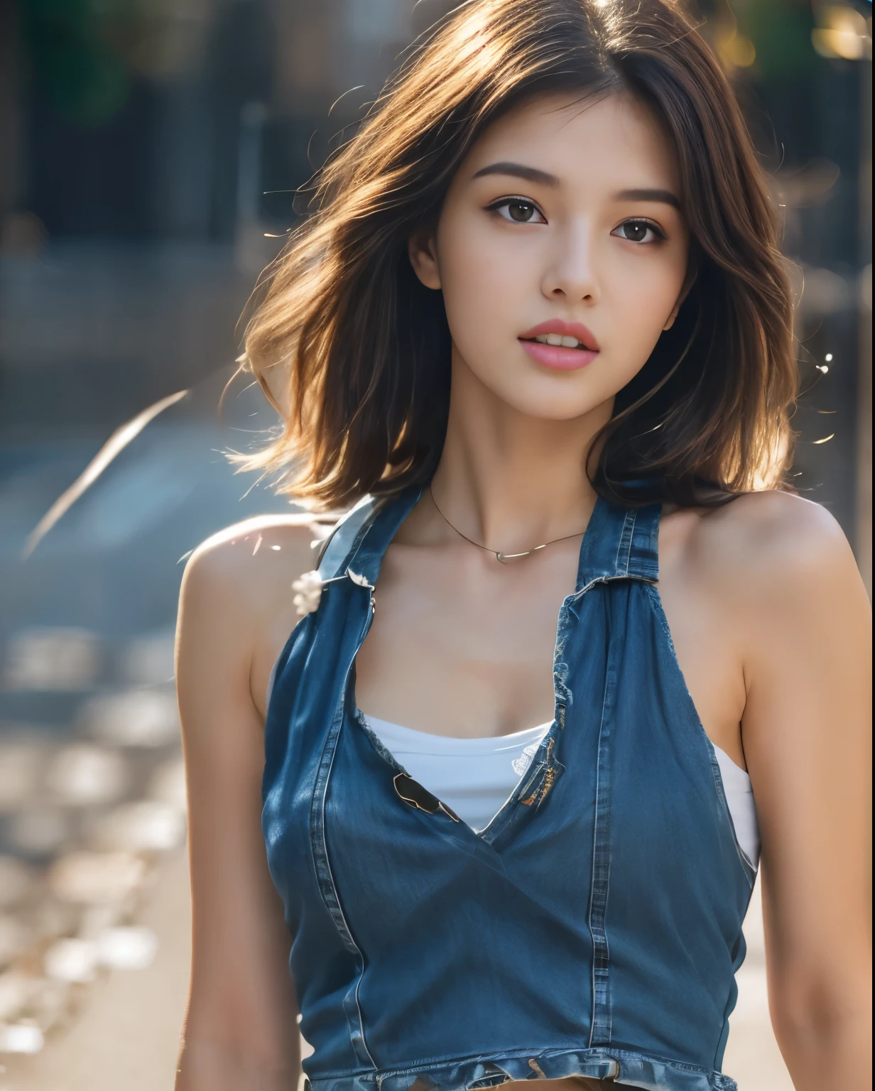 ((Mid-chest, Long Hair, Small Head)), Dawn, sunlight, (Defined Abs: 1.1), (Perfect body: 1.1), (Short Wavy Hair: 1.2), Auburn Hair, collar, Lock, Full body photo, Shabby Street, Wearing a black tank top, Denim jacket, ((Highly detailed CG 8k wallpaper), (Very delicate and beautiful), (masterpiece), (highest quality: 1.0), (Super Resolution: 1.0), Beautiful lighting, Perfect Lightning, Realistic Shadows, [High resolution], Detailed Skin, Super detailed