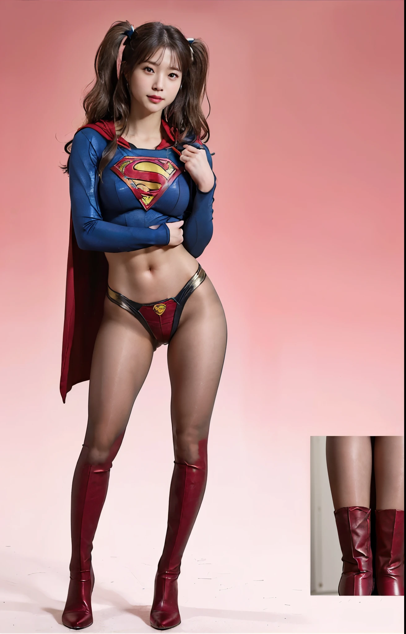 No background、(((Beautiful legs in black tights.)))、(((Legally express the beauty of your smile)))、((((Make the most of your original images)))、(((体にぴったりフィットするSupergirl Costume)))、(((Supergirl Costume)))、(((Beautiful hair with twin tails)))、(((suffering)))、(((Please wear black tights....、Wear red boots)))、((Best image quality、8k))、((highest quality、8k、masterpiece:1.3))、(((Preserve background )))、Sharp focus:1.2、Beautiful woman with perfect figure:1.4、Slim Abs:1.2、Wet body:1.5、Highly detailed face and skin texture、8k