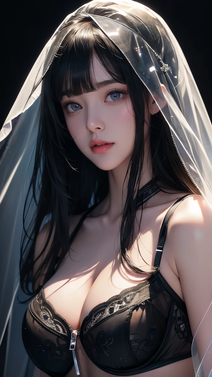 masterpiece, highest quality, Super detailed, Facing the camera, 複雑に詳細なSuper detailed, Realistic, Sharp features, Very detailed, Sharp focus, Perfect Face, Perfect symmetrical perfect eyes, Perfect Plump Lips, Flexible female form, Cinematic, Film Light, Super detailed, hyper Realistic, masterpiece, Atmospheric, High resolution, Vibrant, Dynamic Studio Lighting, ((Dark Background)), The expression when enduring pleasure, Straight bangs, blue eyes,Sexually aroused expression、(((She is wearing revealing black lingerie and a long transparent veil.)))、(((Front zipper)))